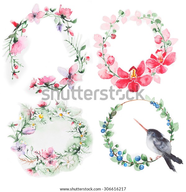 Set Flowers Wreath Watercolor Hand Painted Stock Illustration 306616217