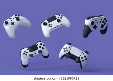 Set of flying gamer joysticks or gamepads on violet background. 3d render of accessories for live streaming concept - Powered by Shutterstock