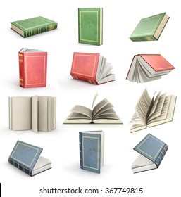 Set of flying open books. Green, red and blue books.
