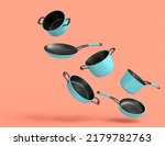 Set of flying stainless steel stewpot, frying pan and chrome plated aluminum cookware on coral background. 3d render of non-stick kitchen utensils