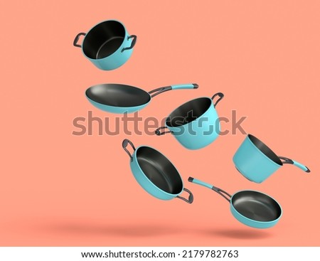 Set of flying stainless steel stewpot, frying pan and chrome plated aluminum cookware on coral background. 3d render of non-stick kitchen utensils Stock photo © 