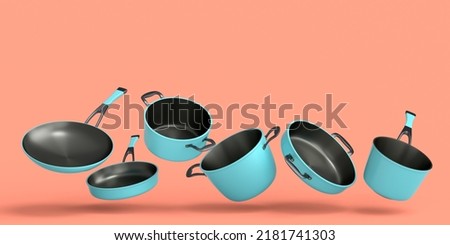Set of flying stainless steel stewpot, frying pan and chrome plated aluminum cookware on coral background. 3d render of non-stick kitchen utensils Stock photo © 