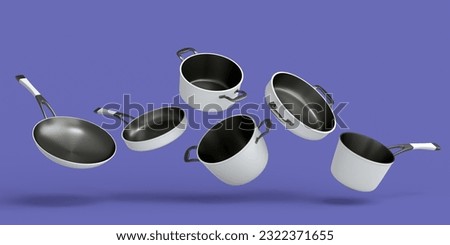 Set of flying stainless steel stewpot, frying pan and chrome plated aluminum cookware on violet background. 3d render of non-stick kitchen utensils Stock photo © 
