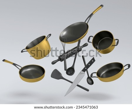 Set of flying stainless steel stewpot, frying pan and chrome plated aluminum cookware on white background. 3d render of non-stick kitchen utensils Stock photo © 