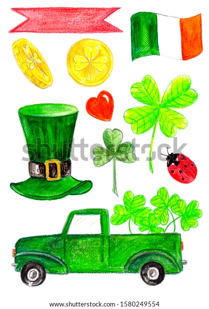 set fo saint patrick day, green car,hat,
clover leaves, irland flag,ladybird, heart, coins watercolor drawn
illustration