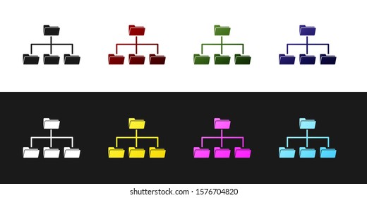 Set Folder tree icon isolated on black and white background. Computer network file folder organization structure flowchart. 