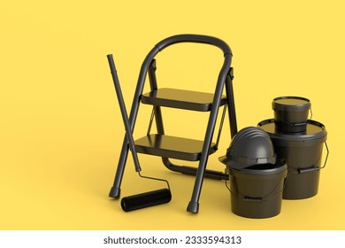 Set of folding ladder, bucket, safety helmet with paint rollers and brushes for painting walls on monochrome background. 3d render of renovation apartment concept and interior design - Powered by Shutterstock