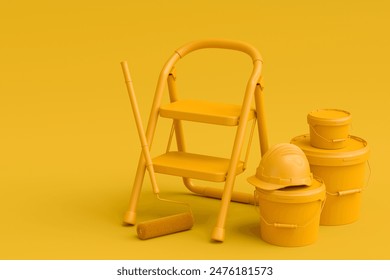 Set of folding ladder, bucket, safety helmet with paint rollers and brushes for painting walls on monochrome background. 3d render of renovation apartment concept and interior design - Powered by Shutterstock