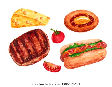 A Set Of Food. Hotdog, Steak, Cheese, Tomato And Pie, Isolated On A White Background. A Day Without Diets. The Illustration Is Hand-drawn With Watercolor.