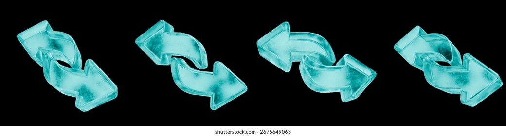 Set of four 3D convert arrows shapes in frosted blue ice glass style, isolated on a black background. Glassmorphism icons and 3D elements for modern graphic design.