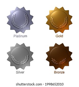 A set of four 3D rendered  illustrated medals in Platinum, Gold, Silver and Bronze.