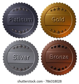 Set of four 3D rendered medals, platinum gold silver and bronze.  Winner metallic badges, seals or buttons
