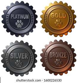 a set of four 3D rendered metallic medals with dog paw in platinum, gold, silver and bronze