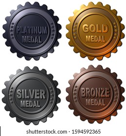 A set of four 3D rendered winner metallic badges, medals, seals or buttons including platinum, gold, silver and bronze medals.