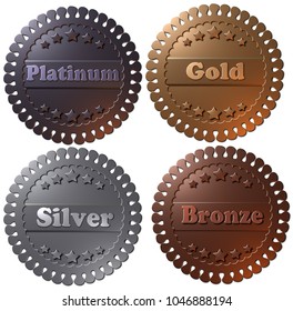 Set of four 3D winner metallic badges, seals or buttons. 3D rendered medals, platinum gold silver and bronze. 