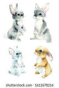 Set with four bunny. Easter collection. Watercolor hand drawn illustration