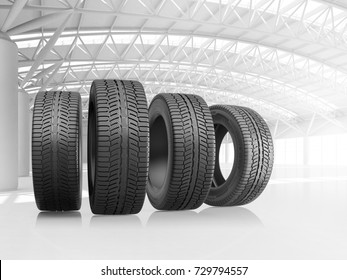 Set Of Four Car Tires At Big Warehouse. 3d Illustration.