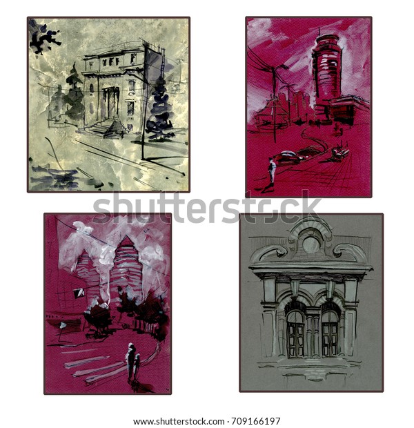 Set of four city landscapes. Dnipro city,\
Ukraine. Watercolor painting. Hand painted. Craft paper. Outlines\
of modern and old buildings, cars,\
people