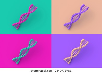 Set of four different color dna on colorful segmental background. 3d render
