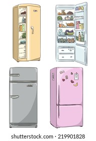 Set Of Four Hand Drawn Cartoon Fridges. Open Fridge With Healthy Food.