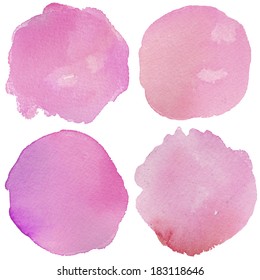 Set of Four Hand Painted Pink Watercolor Circles Background on Isolated White Background