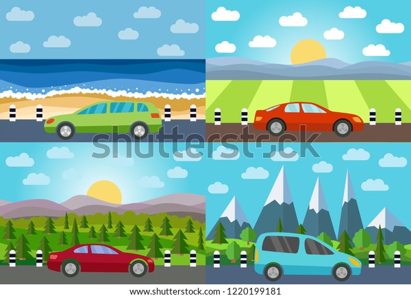 Set of four illustration of car on\
the road against the backdrop of  natural landscape.\
\
