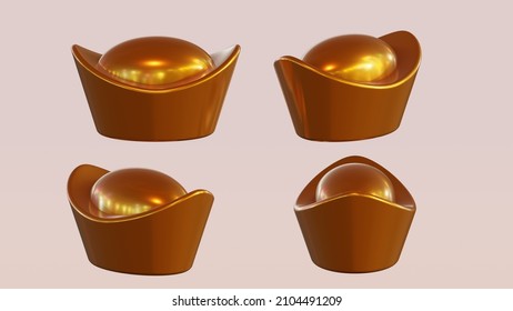 Set Of Four Realistic Chinese Gold Ingots Yuan Bao Isolated On White Background. Decoration Elements For Chinese New Year Design. Symbol Of Wealth, Abundance And Monetary Luck In Feng Shu. 3d Render
