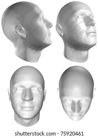 Set Of Four Views Of A Human Head At The Different Angles On White Background. With Clipping Path. 3D Render