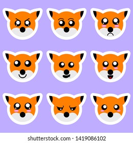 Set Of Fox Stickers. Different Emotions, Expressions. Sticker In Anime Style. Illustration For Design.