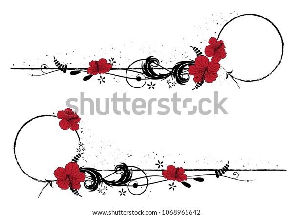 set of frames with flowers of hibiscus in black,\
white and red colors