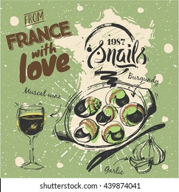 Set French Traditional Cuisine - Burgundy Snails With Wine. Drawing Elements - Bottle Of Wine, A Glass Of Wine, A Corkscrew, Lettering, France Map. Green Background