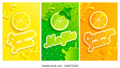 Set of fresh lemon,mojito,orange juices backgrounds with drops from condensation, splashing and fruit slices for brand,logo,template,label,emblems,stores,packaging,advertising.Raster copy illustration