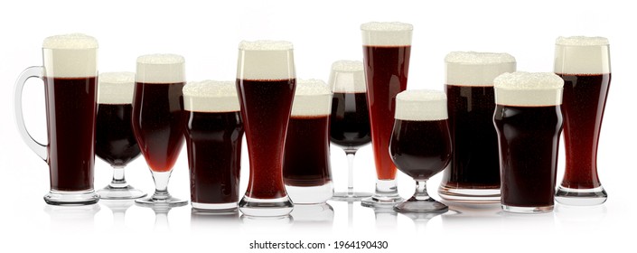 Set Of Fresh Stout Beer Glasses With Bubble Froth Isolated On A White Background. 3D Rendering Concept Of Drinking Alcohol On Holidays, Oktoberfest Or St. Patrick's Day