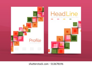 Set of front and back a4 size pages, business annual report design templates. Geometric square shapes backgrounds. illustration