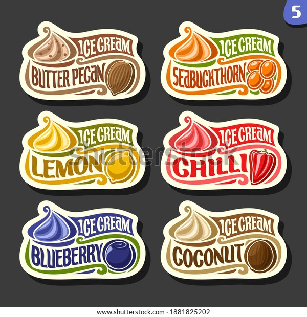 Set of fruit Ice Cream labels: 6 logos of\
different flavor italian icecream dessert, six icons with title -\
ice cream, on black\
background.