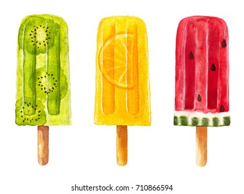 Set Of Fruit Popsicle Isolated On White Background. Watercolor Hand Drawn Illustration. 