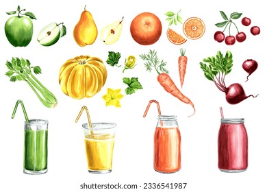 A set of fruits, vegetables, smoothies, freshly squeezed juices. Apple, pear, orange, cherry, celery, pumpkin, carrot, beetroot. Watercolor JPEG illustration. - Powered by Shutterstock