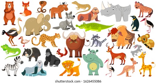 Set of funny animals, birds and reptiles from all over the world. World fauna. Illustration