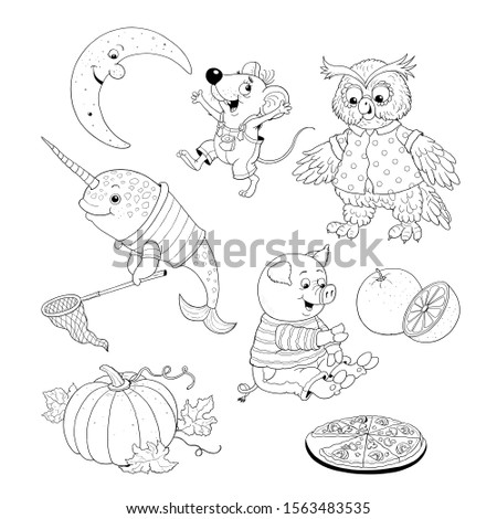 Set of funny characters. Moon, mouse, owl, orange
pig, pumpkin, pizza, narwhal, Coloring page. Illustration for children. Cute cartoon characters isolated on white background. Poster. Character design