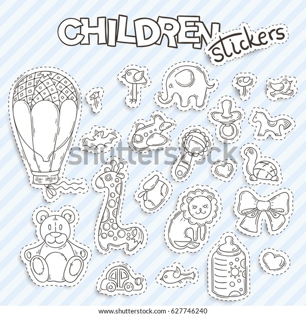 Set of funny doodle\
stickers for children. Tag collection. Hand drawn icons for baby\
shower or scrapbook.
