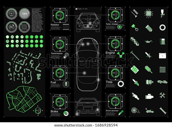 SET futuristic car service, scanning and auto\
data analysis. Intelligent car banner. Futuristic smart car and\
icons with machine benefits.\
