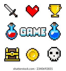 Set Game 8 bit ,Sword,heat,Trophy,HP Potion,MP Potion,Treasure chest,Gold coin,Skull - Powered by Shutterstock