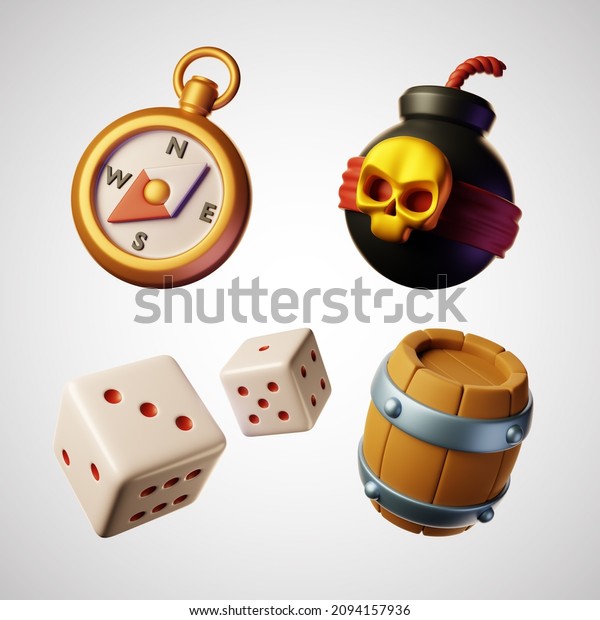 Set of\
game items, Golden compass, black bomb with golden skull, gaming\
dice symbol of luck and success, wooden barrel. Collection of 3d\
render icons for an application or game\
interface.