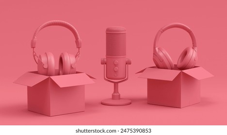 Set of gamer headphones and microphone in cardboard box on monochrome background. 3d render concept of sale, discount, shopping and delivery of accessories for live streaming concept top view - Powered by Shutterstock