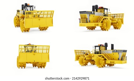 Set Garbage compactor machine for landfills. industrial bulldozer for working in landfills. 3d rendering