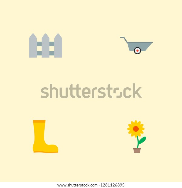 Set of gardening icons flat style symbols with\
hedge, waterproof shoes, barrow and other icons for your web mobile\
app logo design.