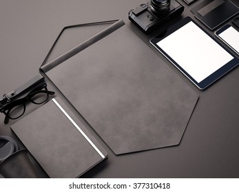 Set of generic design elements on the black background. 3d render