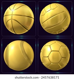 A set of generic shiny golden balls used in the sports of basketball, baseball, volleyball, and soccer. 3D illustration isolated on dark background. - Powered by Shutterstock