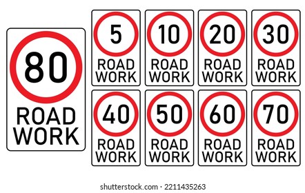 Set Of Generic Speed Limit Signs Due To Road Work, 3d Rendering