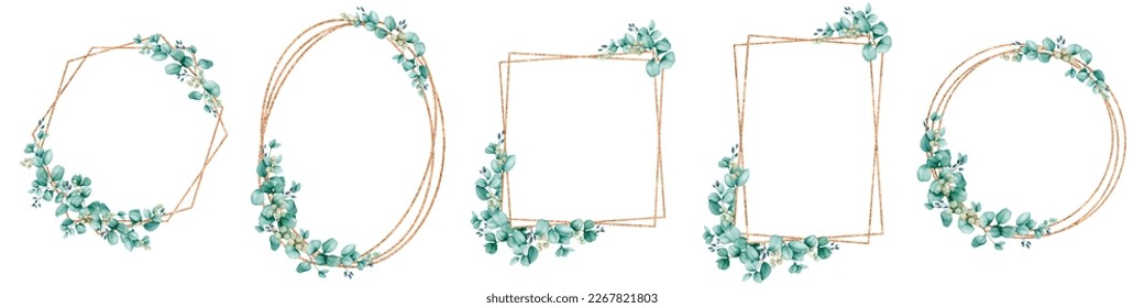 Set of geometric golden frame with eucalyptus. Wedding frame frame for greeting cards, invitations, congratulations, posters, announcements. Valentine's day, birthday, anniversary design. - Powered by Shutterstock